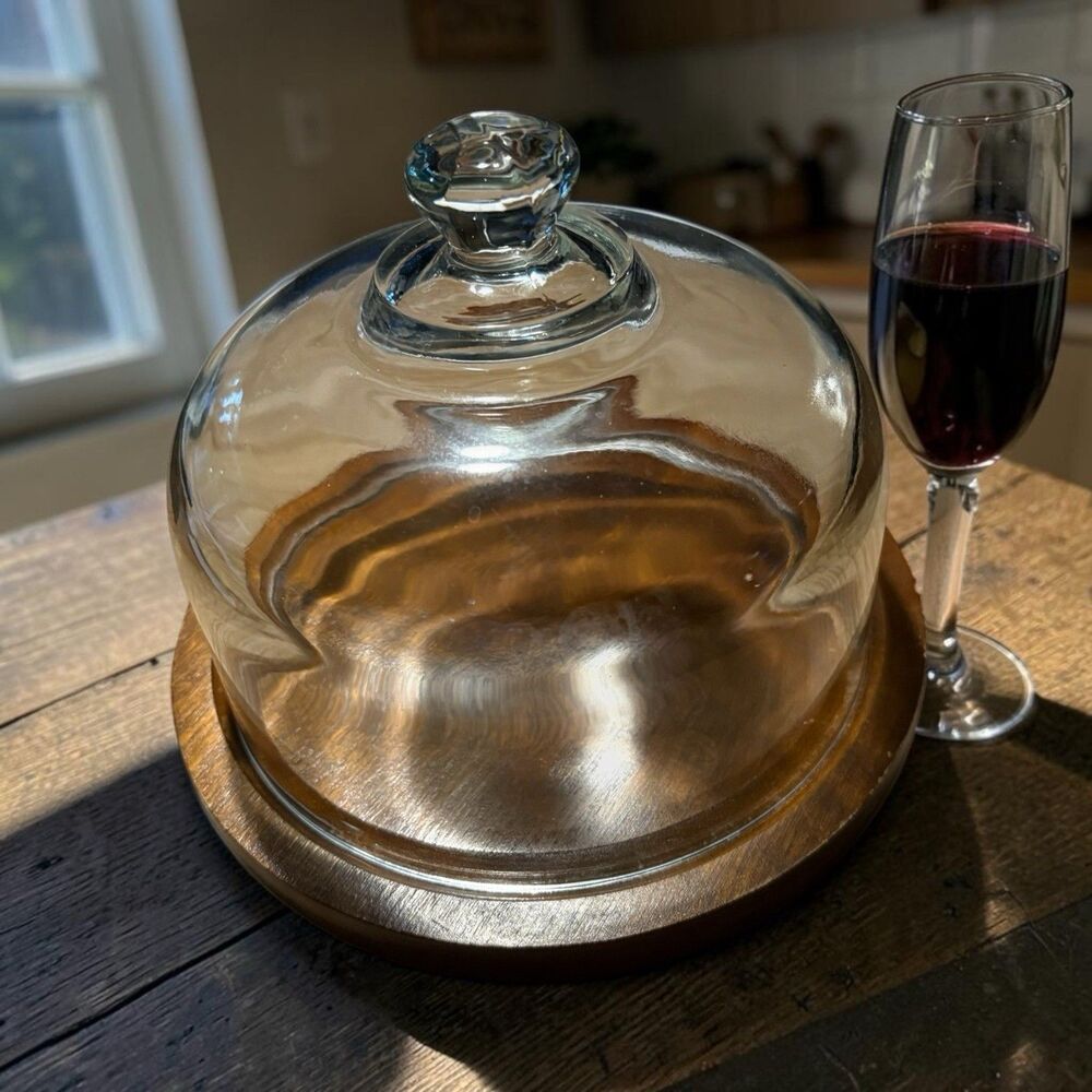 Goodwood Cheese Tray Cloche Glass Dome Wood Base Holiday Decor Party VTG